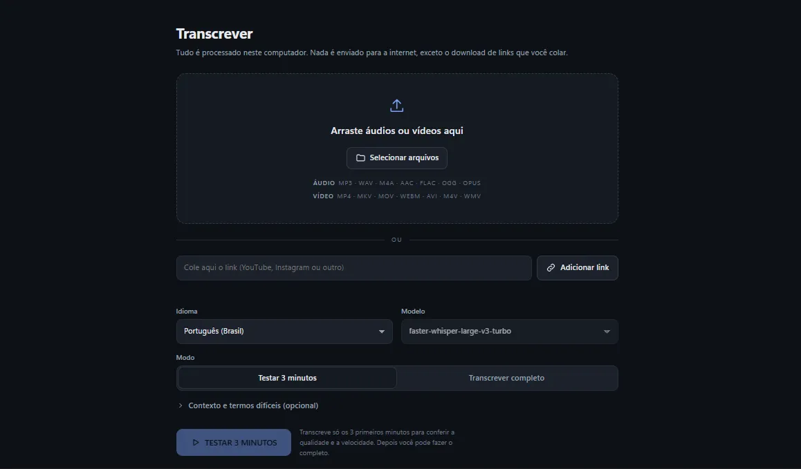 Captura real do projeto Transcritor